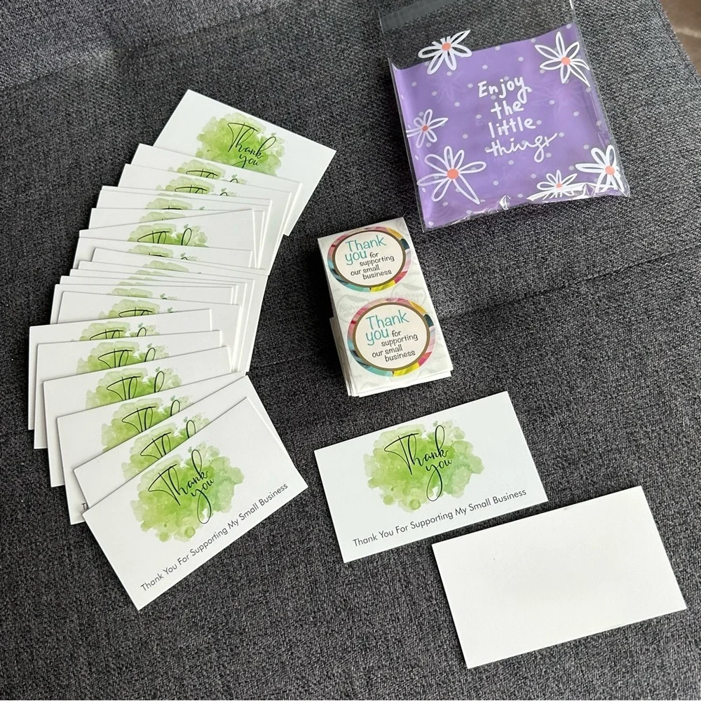 25 THANK YOU Business Cards + 25 Stickers, Starter Set, Watercolor, GREEN